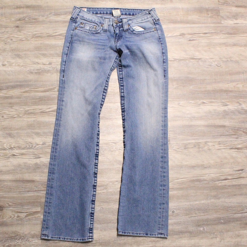 True Religion Joey Super T Flare Jeans Light Wash Blue Womens 28 Made in USA Y2K